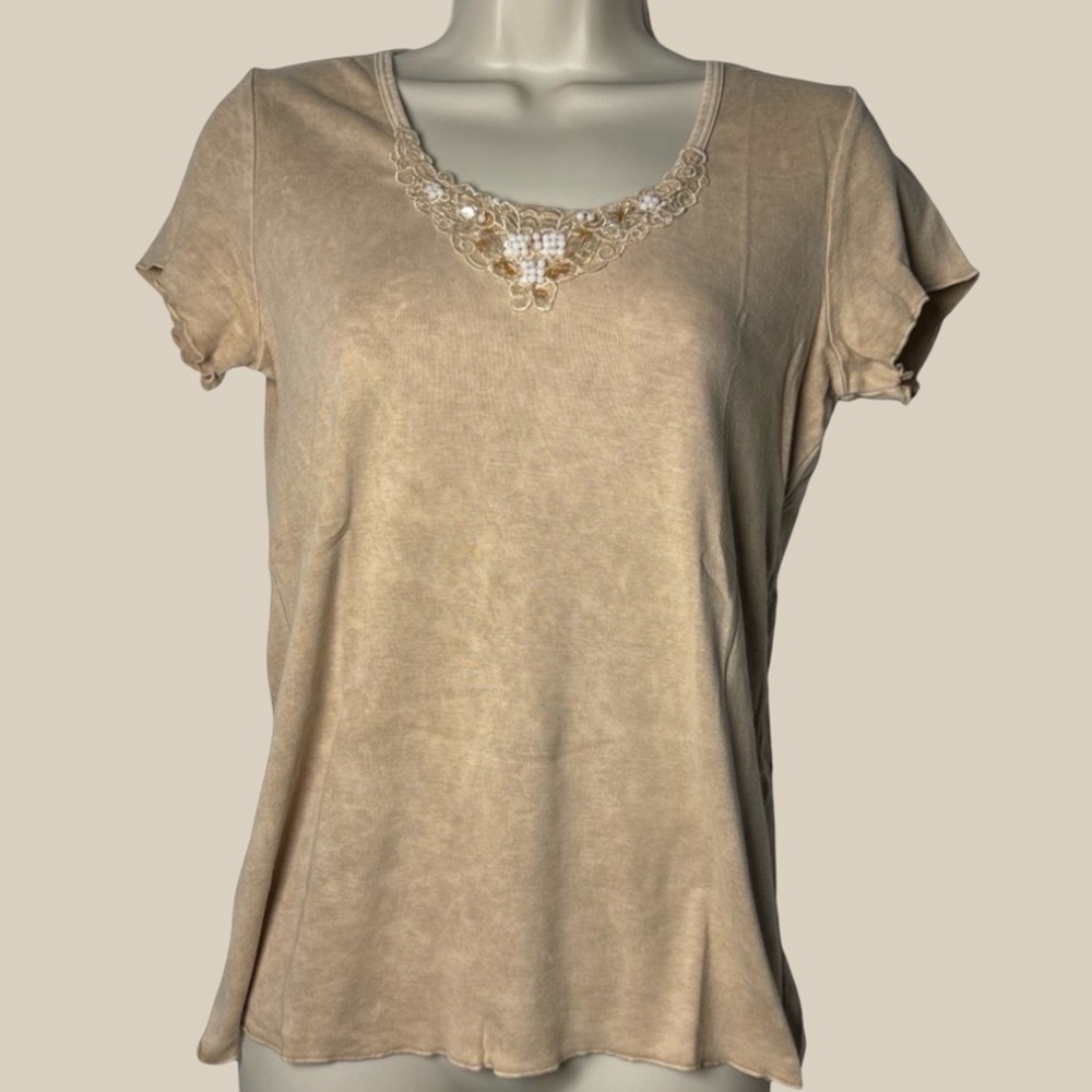 xcit u.s.a. VTG Embellished Beige Top beads sequins. SZ M fairy boho cottage
